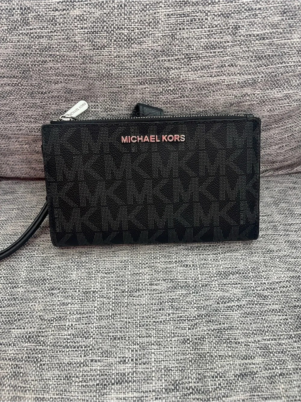 Michael Kors Black Signature MK Wristlet with Rose Gold Logo